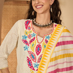 Off White Pure Cotton Embroidered Kurta with Trouser & Dupatta Kurta Set