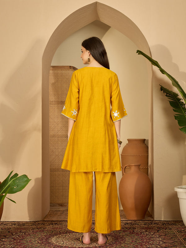 Embroidered & Sequinned A-Line Kurta With Palazzos & Bag (Kurta Set)