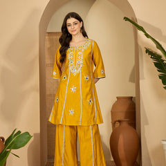 Embroidered & Sequinned A-Line Kurta With Palazzos & Bag (Kurta Set)