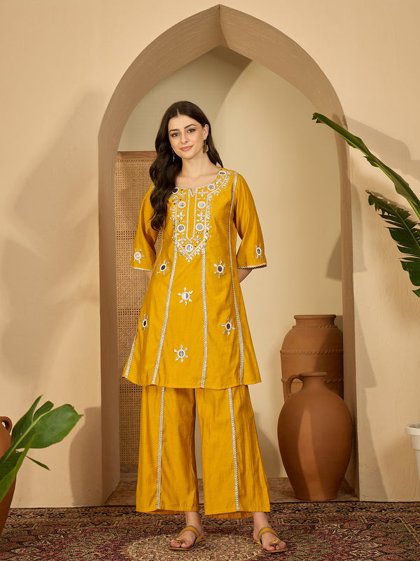 Embroidered & Sequinned A-Line Kurta With Palazzos & Bag (Kurta Set)
