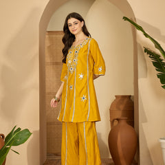 Embroidered & Sequinned A-Line Kurta With Palazzos & Bag (Kurta Set)