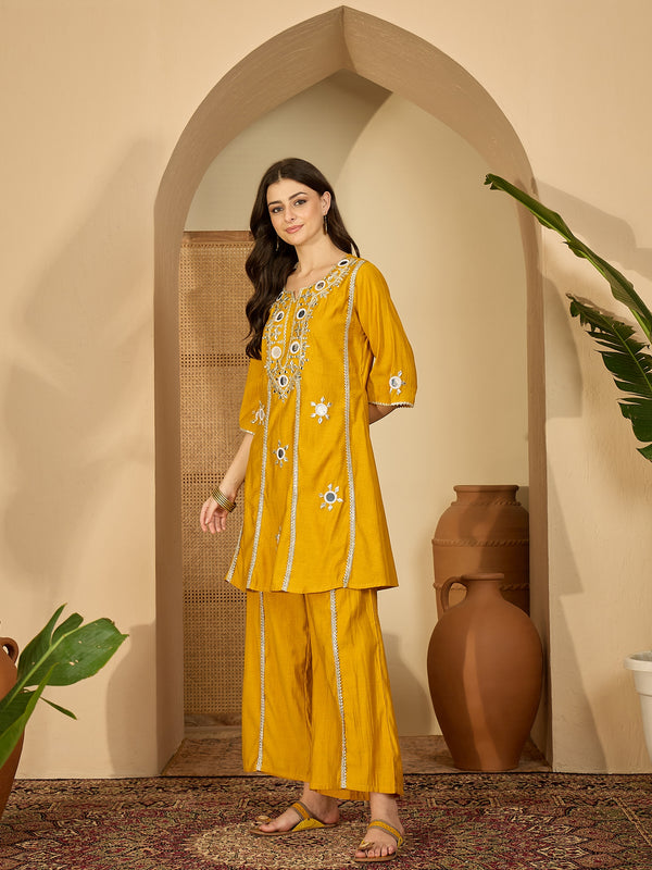 Embroidered & Sequinned A-Line Kurta With Palazzos & Bag (Kurta Set)