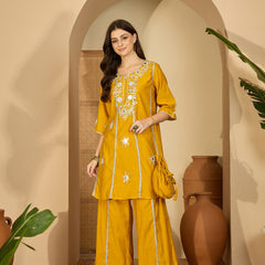 Embroidered & Sequinned A-Line Kurta With Palazzos & Bag (Kurta Set)