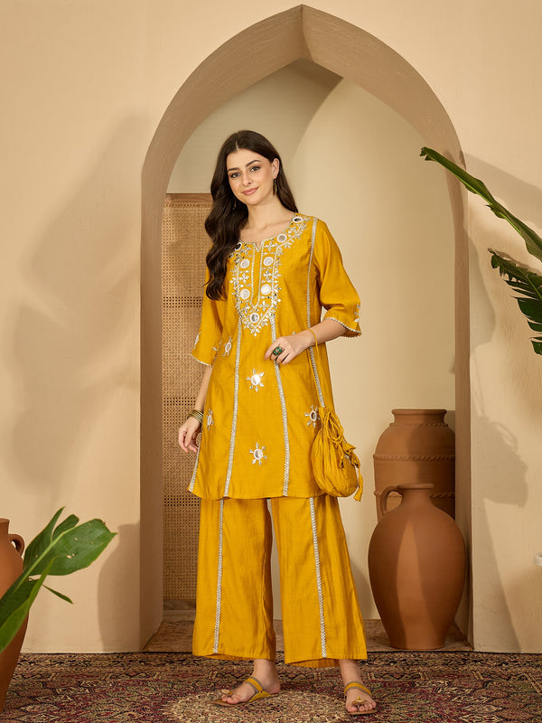 Embroidered & Sequinned A-Line Kurta With Palazzos & Bag (Kurta Set)