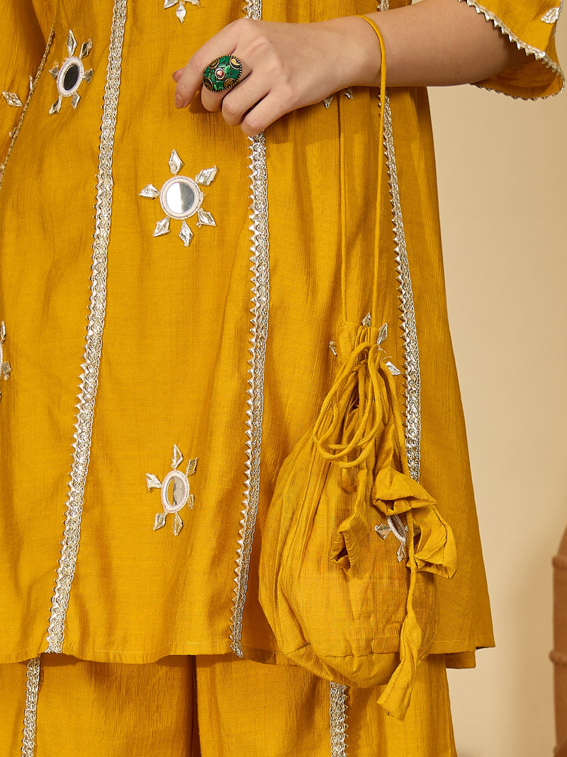 Embroidered & Sequinned A-Line Kurta With Palazzos & Bag (Kurta Set)