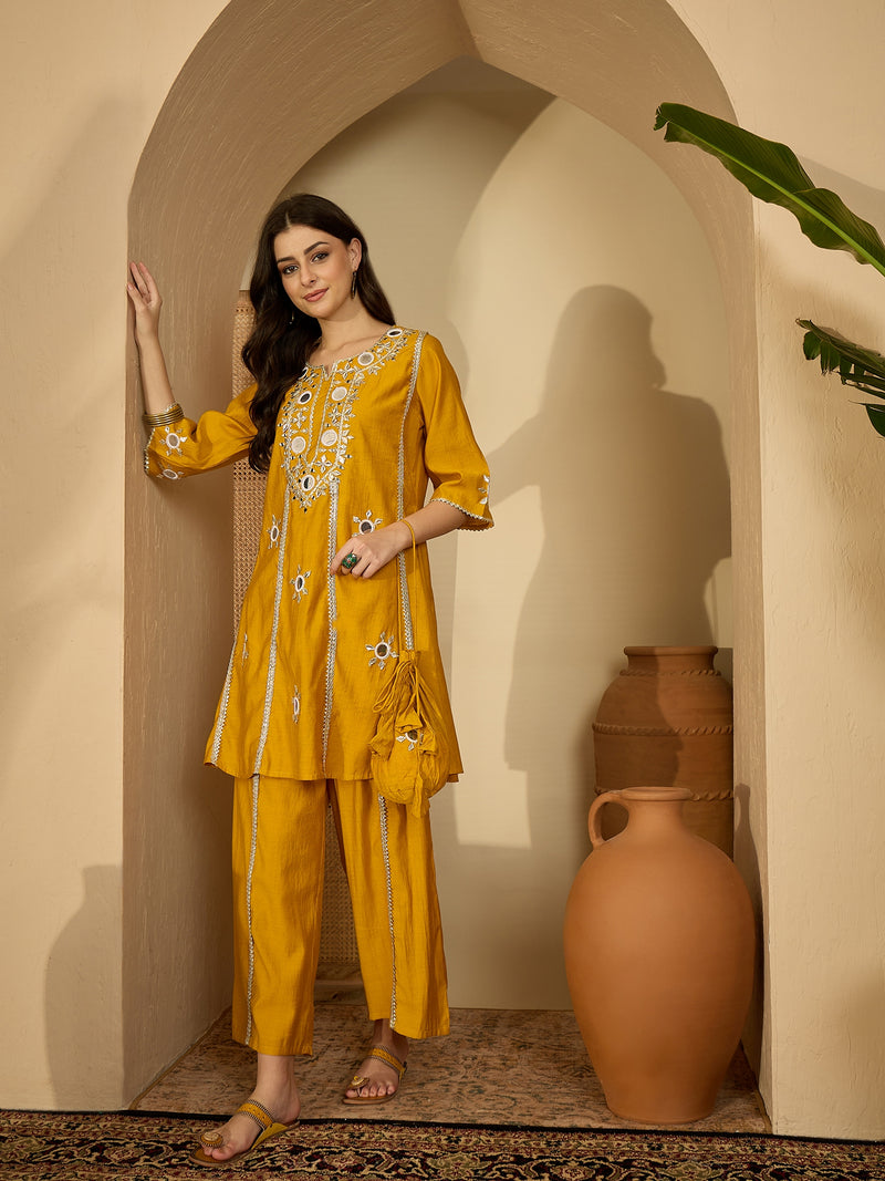 Embroidered & Sequinned A-Line Kurta With Palazzos & Bag (Kurta Set)