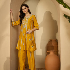 Embroidered & Sequinned A-Line Kurta With Palazzos & Bag (Kurta Set)