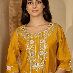 Embroidered & Sequinned A-Line Kurta With Palazzos & Bag (Kurta Set)