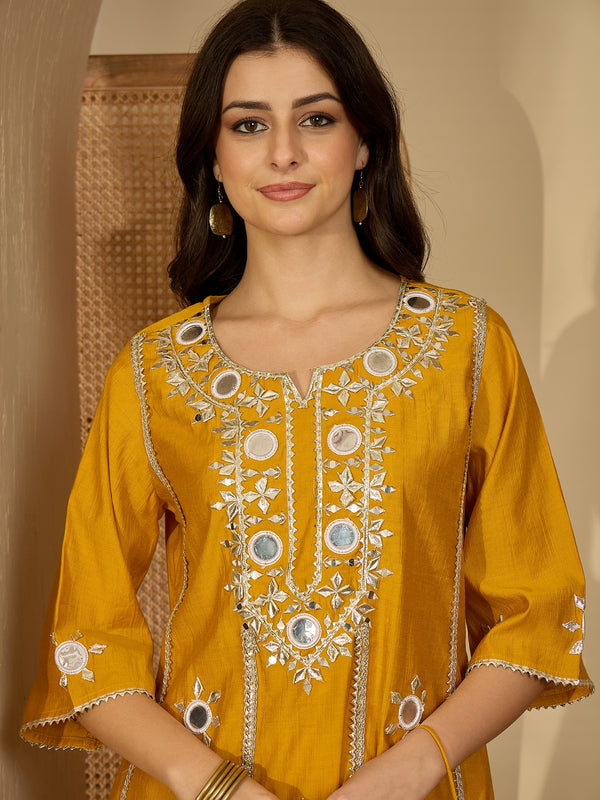 Embroidered & Sequinned A-Line Kurta With Palazzos & Bag (Kurta Set)