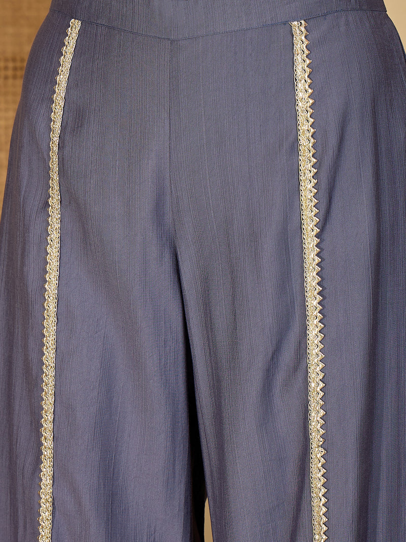 Embroidered & Sequinned A-Line Kurta With Palazzos & Bag (Kurta Set)
