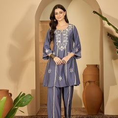Embroidered & Sequinned A-Line Kurta With Palazzos & Bag (Kurta Set)