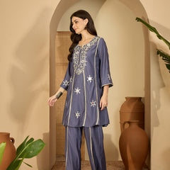 Embroidered & Sequinned A-Line Kurta With Palazzos & Bag (Kurta Set)
