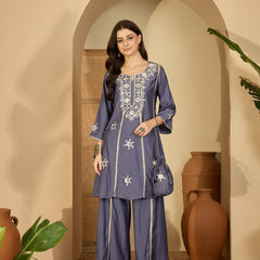 Embroidered & Sequinned A-Line Kurta With Palazzos & Bag (Kurta Set)
