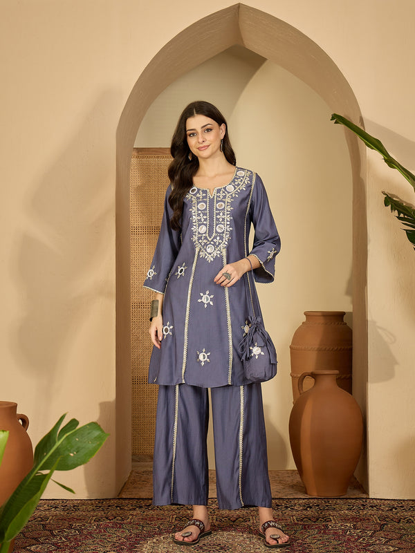 Embroidered & Sequinned A-Line Kurta With Palazzos & Bag (Kurta Set)