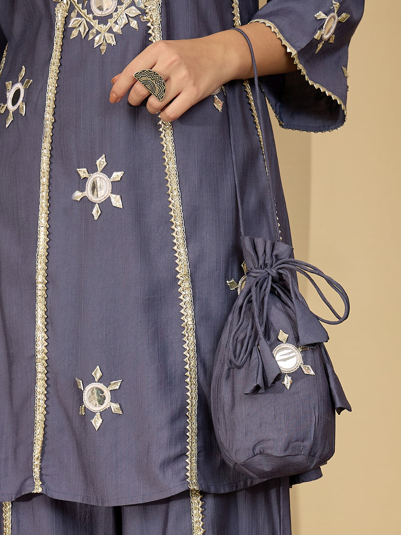 Embroidered & Sequinned A-Line Kurta With Palazzos & Bag (Kurta Set)
