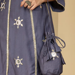 Embroidered & Sequinned A-Line Kurta With Palazzos & Bag (Kurta Set)