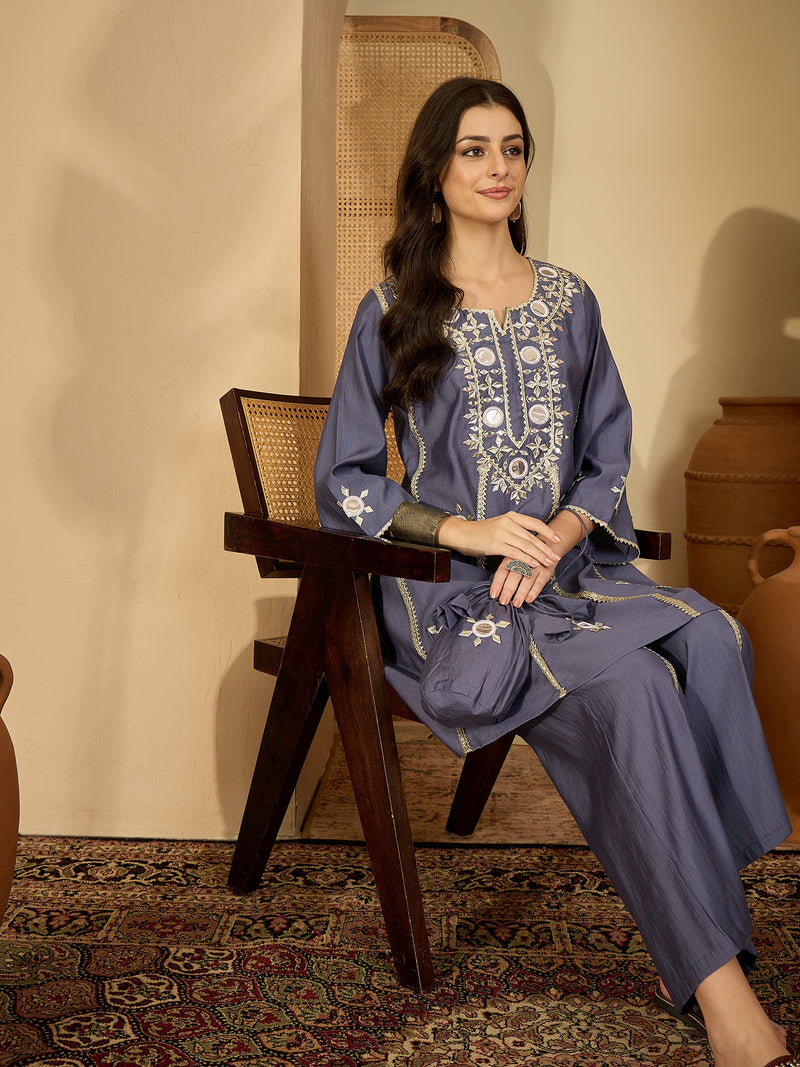 Embroidered & Sequinned A-Line Kurta With Palazzos & Bag (Kurta Set)