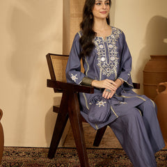 Embroidered & Sequinned A-Line Kurta With Palazzos & Bag (Kurta Set)