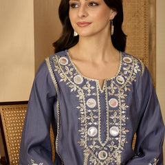 Embroidered & Sequinned A-Line Kurta With Palazzos & Bag (Kurta Set)