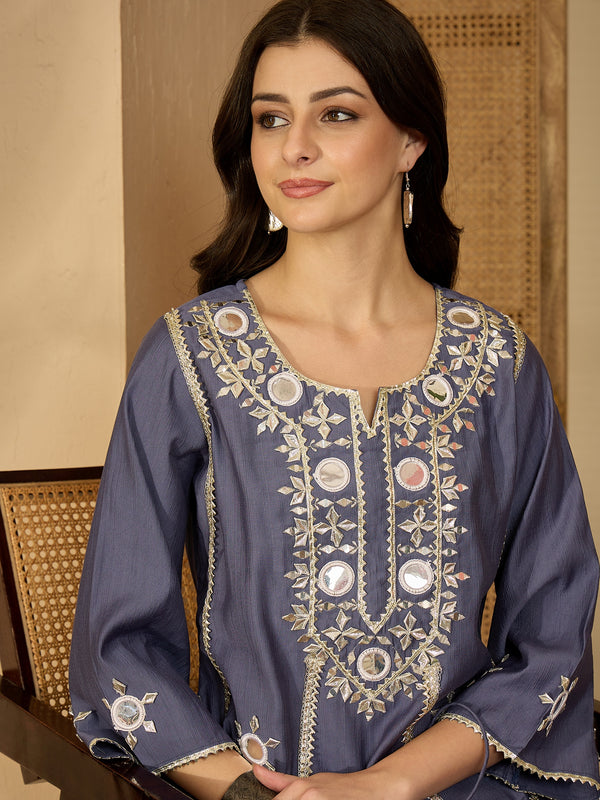 Embroidered & Sequinned A-Line Kurta With Palazzos & Bag (Kurta Set)