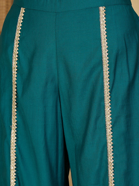 Embroidered & Sequinned A-Line Kurta With Palazzos & Bag (Kurta Set)
