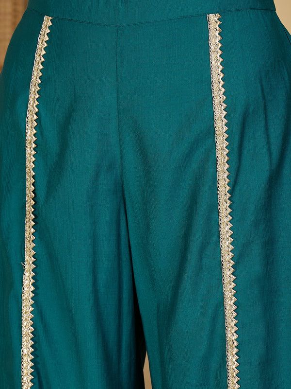 Embroidered & Sequinned A-Line Kurta With Palazzos & Bag (Kurta Set)