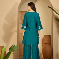 Embroidered & Sequinned A-Line Kurta With Palazzos & Bag (Kurta Set)