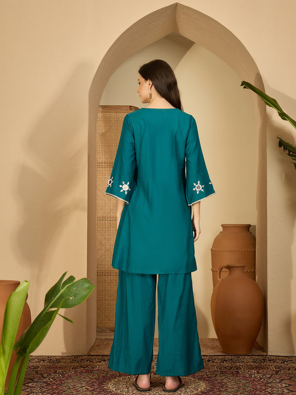 Embroidered & Sequinned A-Line Kurta With Palazzos & Bag (Kurta Set)