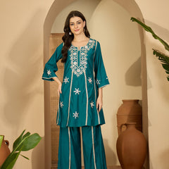 Embroidered & Sequinned A-Line Kurta With Palazzos & Bag (Kurta Set)