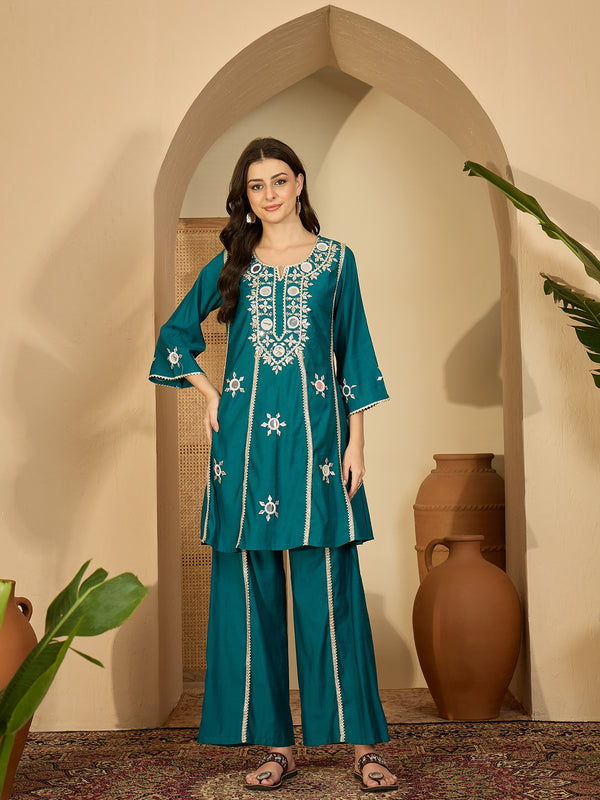 Embroidered & Sequinned A-Line Kurta With Palazzos & Bag (Kurta Set)