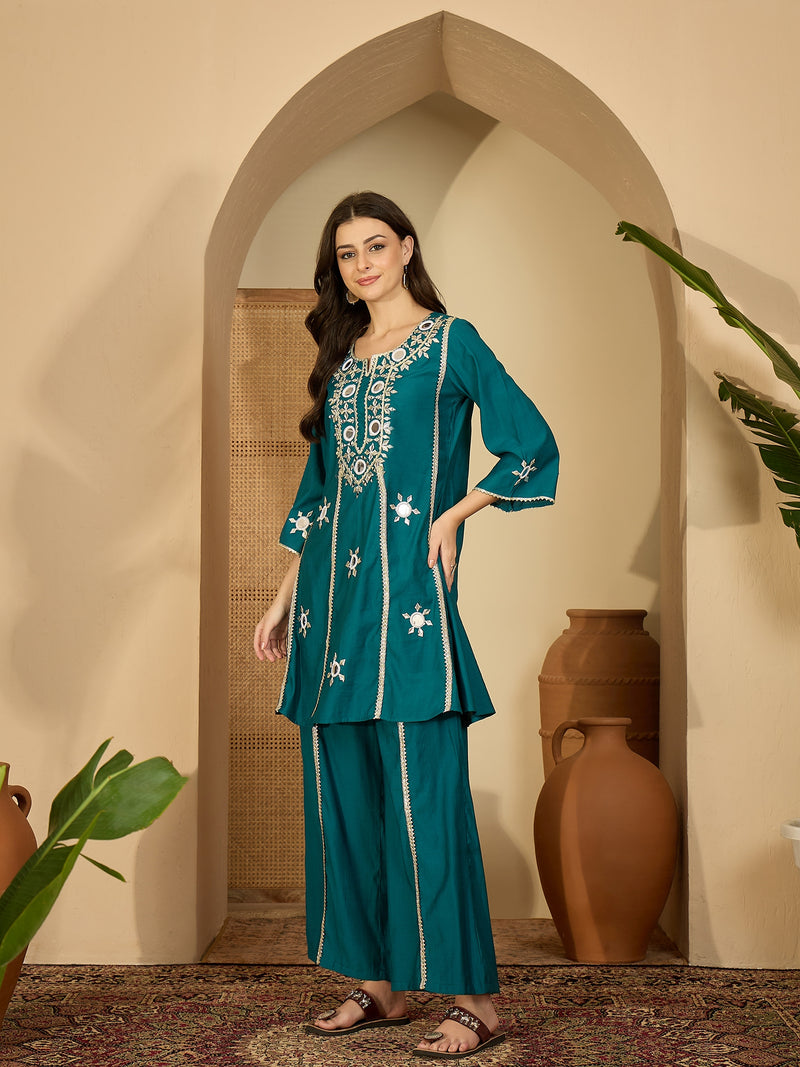 Embroidered & Sequinned A-Line Kurta With Palazzos & Bag (Kurta Set)
