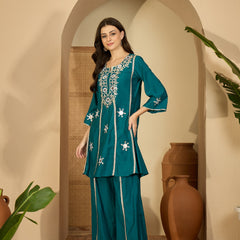 Embroidered & Sequinned A-Line Kurta With Palazzos & Bag (Kurta Set)