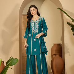 Embroidered & Sequinned A-Line Kurta With Palazzos & Bag (Kurta Set)
