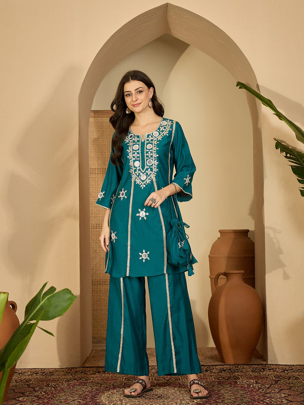 Embroidered & Sequinned A-Line Kurta With Palazzos & Bag (Kurta Set)