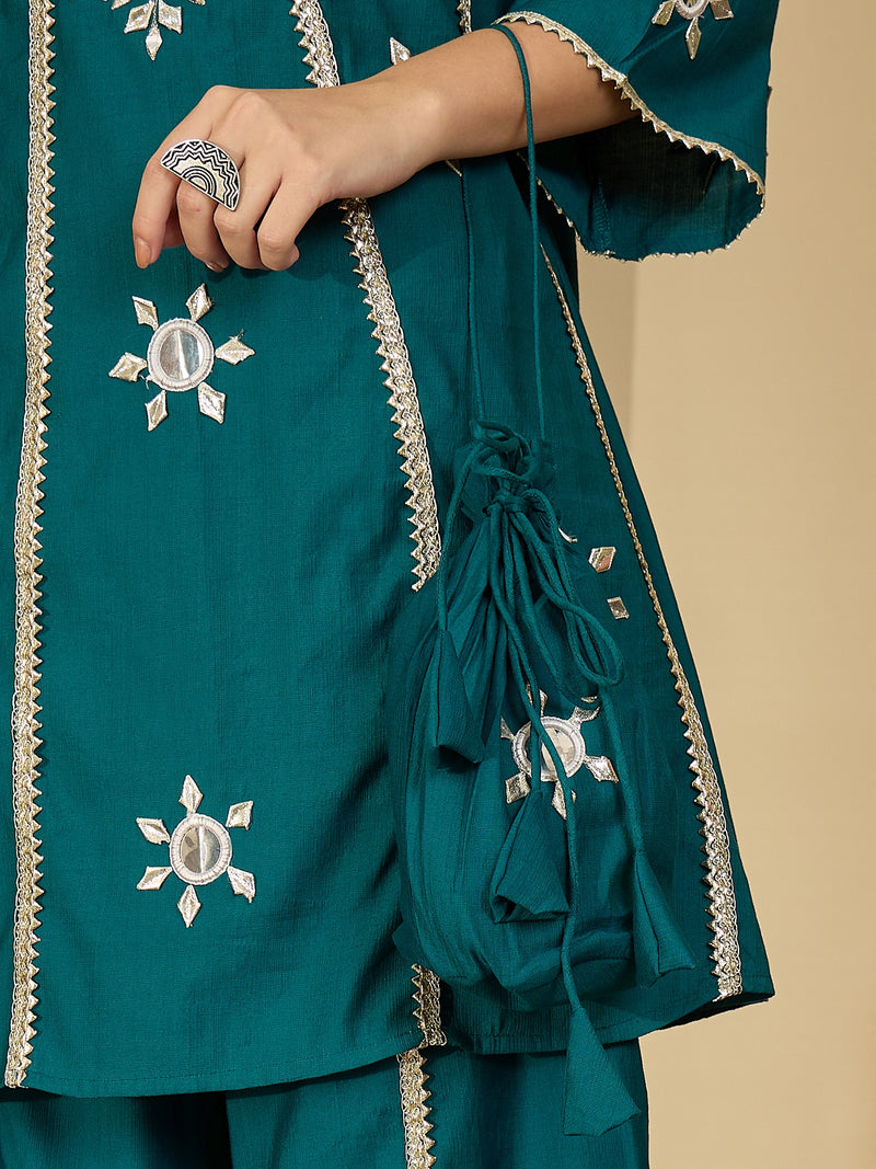 Embroidered & Sequinned A-Line Kurta With Palazzos & Bag (Kurta Set)