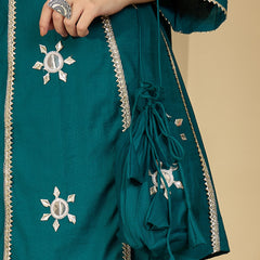 Embroidered & Sequinned A-Line Kurta With Palazzos & Bag (Kurta Set)