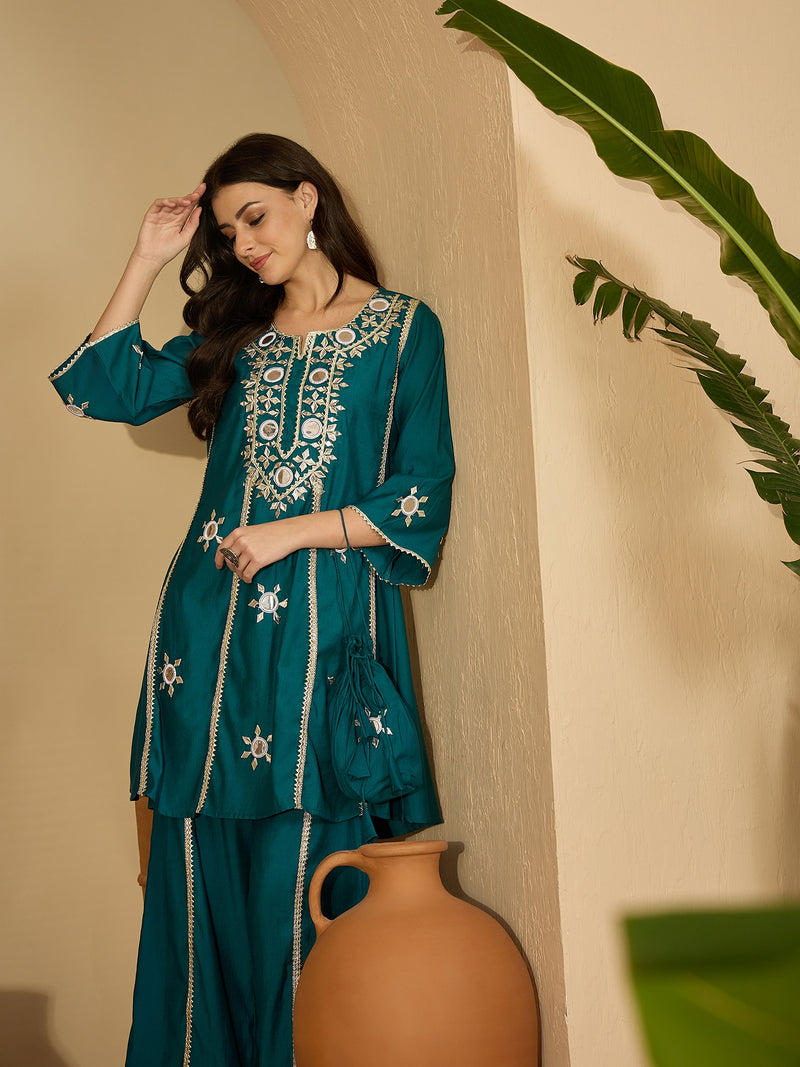 Embroidered & Sequinned A-Line Kurta With Palazzos & Bag (Kurta Set)