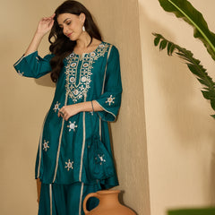 Embroidered & Sequinned A-Line Kurta With Palazzos & Bag (Kurta Set)