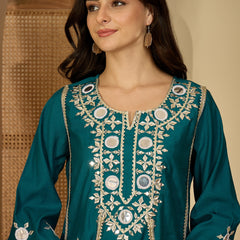 Embroidered & Sequinned A-Line Kurta With Palazzos & Bag (Kurta Set)