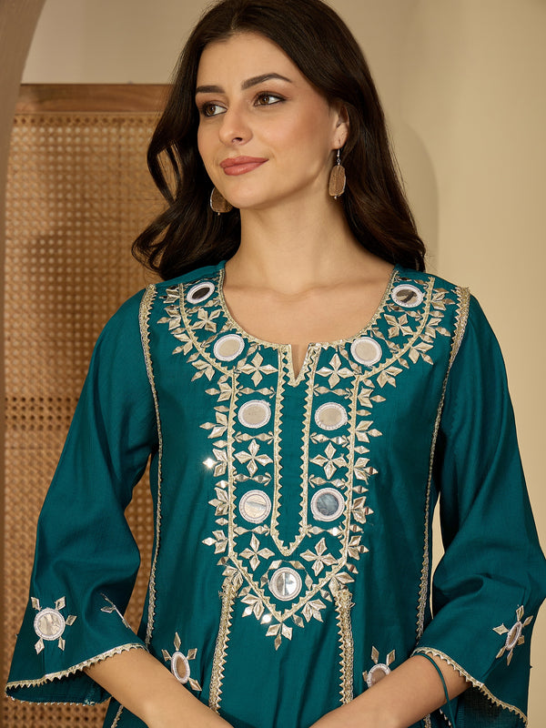 Embroidered & Sequinned A-Line Kurta With Palazzos & Bag (Kurta Set)