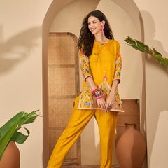 Floral Embroidered V-Neck Tunic With Pant Co-Ords Set