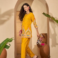 Floral Embroidered V-Neck Tunic With Pant Co-Ords Set