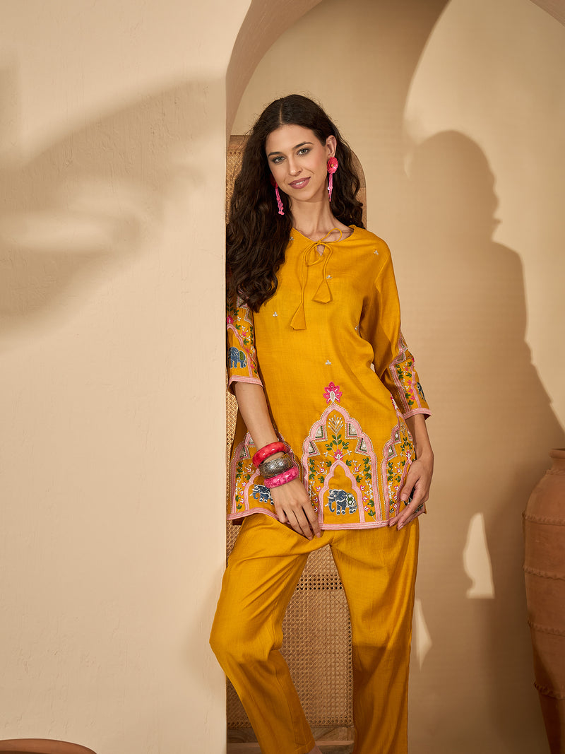 Floral Embroidered V-Neck Tunic With Pant Co-Ords Set