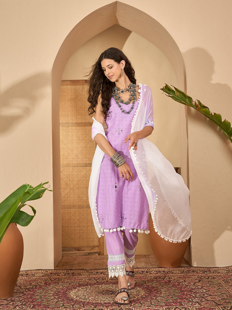 Pure Cotton Sholder Strap Straight Kurta With Pant & Dupatta Kurta Set
