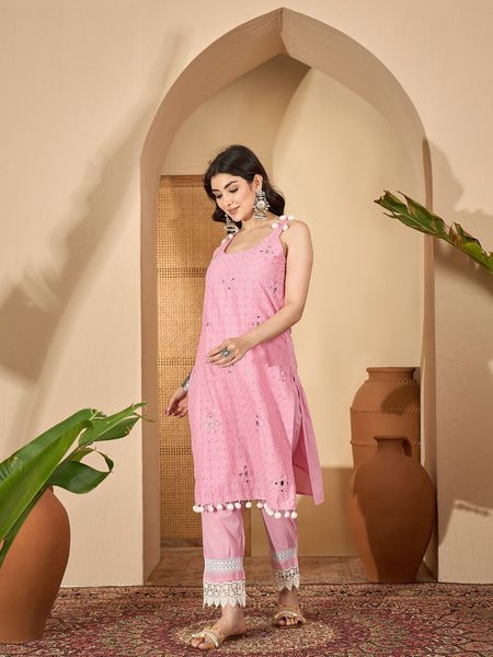 Pure Cotton Sholder Strap Straight Kurta With Pant & Dupatta Kurta Set