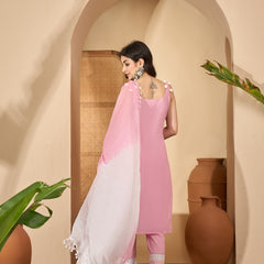 Pure Cotton Sholder Strap Straight Kurta With Pant & Dupatta Kurta Set