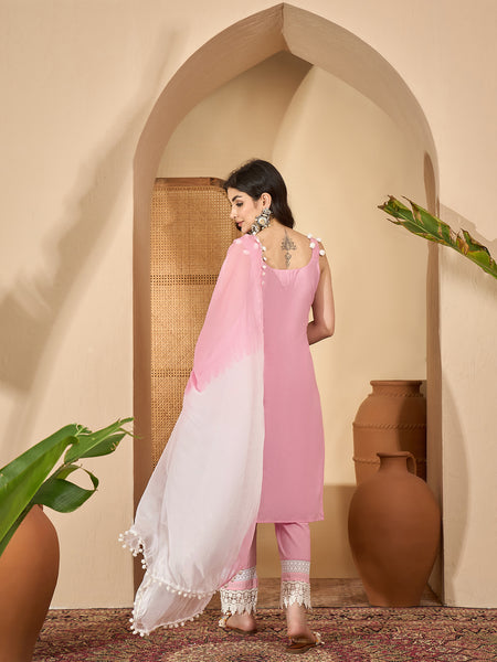 Pure Cotton Sholder Strap Straight Kurta With Pant & Dupatta Kurta Set