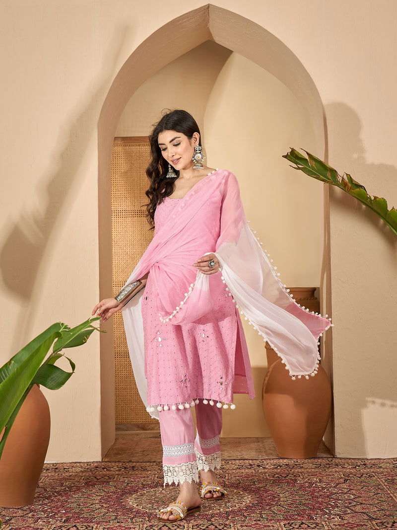Pure Cotton Sholder Strap Straight Kurta With Pant & Dupatta Kurta Set