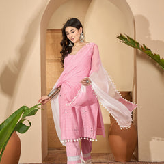 Pure Cotton Sholder Strap Straight Kurta With Pant & Dupatta Kurta Set