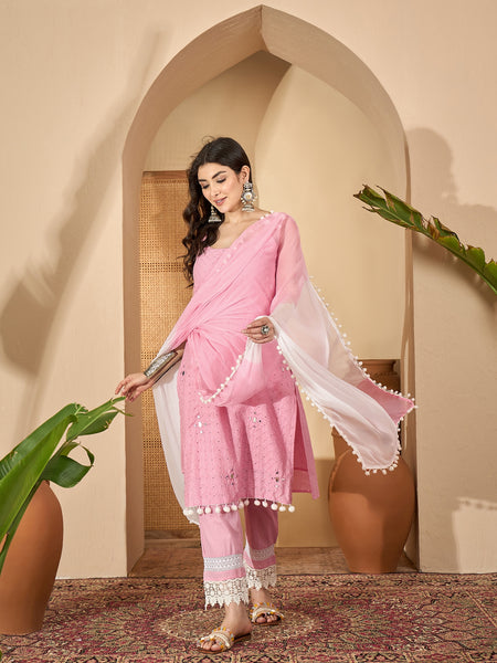 Pure Cotton Sholder Strap Straight Kurta With Pant & Dupatta Kurta Set